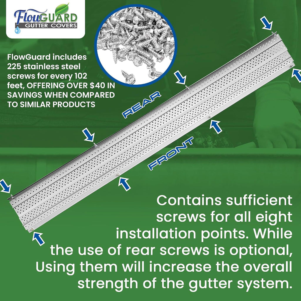 FlowGuard USA Made Professional DIY 5 Inch High Clearance 50-Year Gutter Cover System - White - Aluminum Gutter