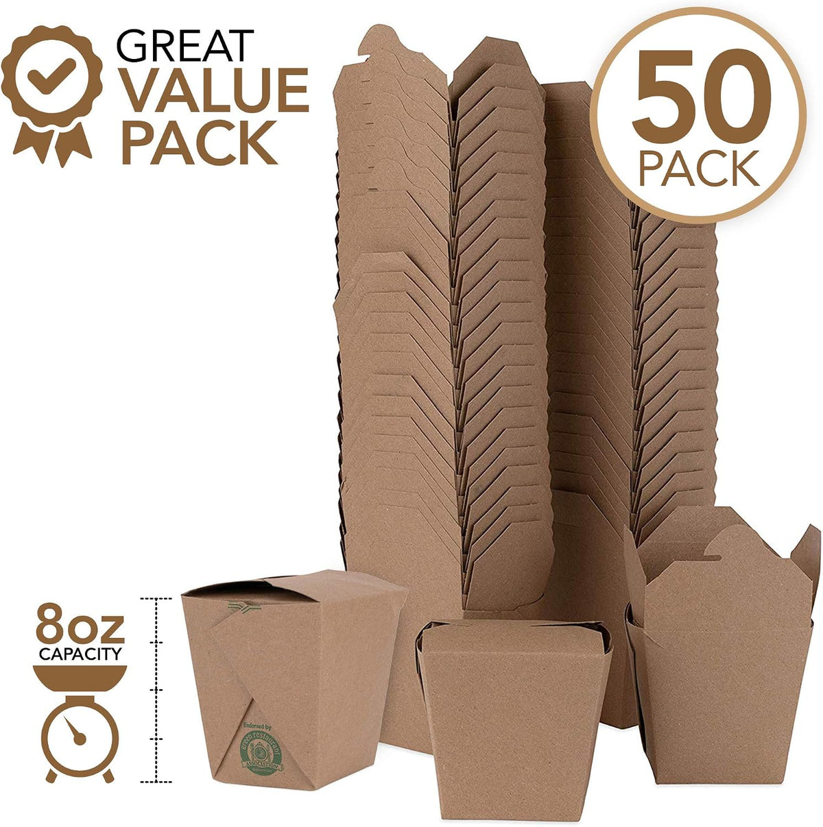 Takeout Food Containers 8 Oz Microwaveable Kraft Brown Paper Mini Chinese Take Out Box (50 Pack) Leak and Grease