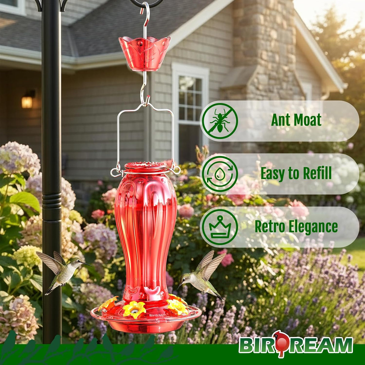 Glass Hummingbird Feeders, 18oz Large Capacity, Red