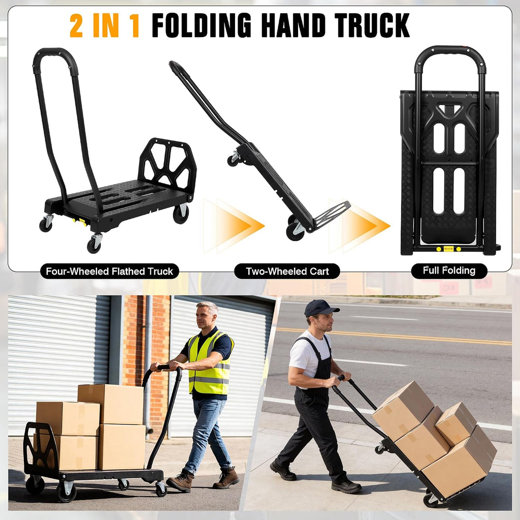 Folding Hand Truck with 4-Wheel Mode, 2 in 1 Collapsible Push Cart & Fold-Up Toe Plate – 300lbs Heavy Duty Dolly Pull