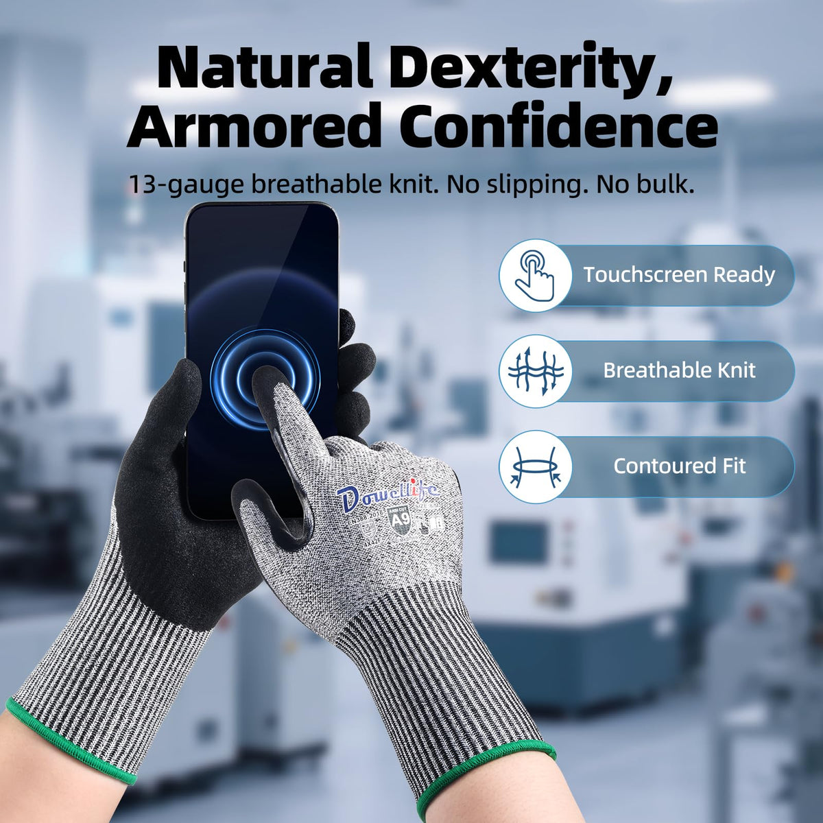 Beyond-Palm A9 Cut Resistant Work Gloves - Extended Wrist Protection, Sandy Nitrile Grip, Breathable, Touchscreen