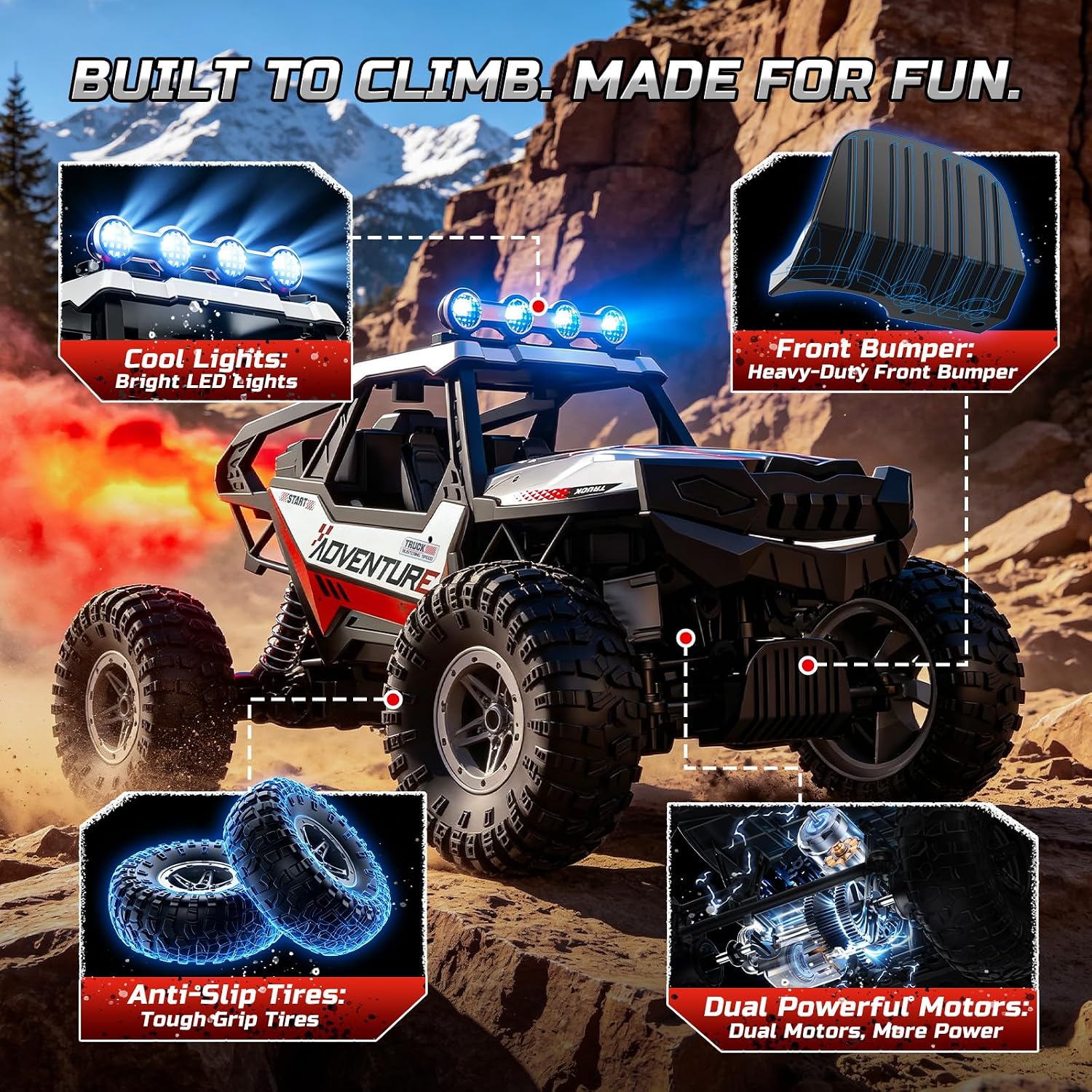 DE125 1:14 RC Car for Kids,4WD Remote Control Off-Road Monster Truck | RC Rock Crawler with Mist Spray,Metal Shell