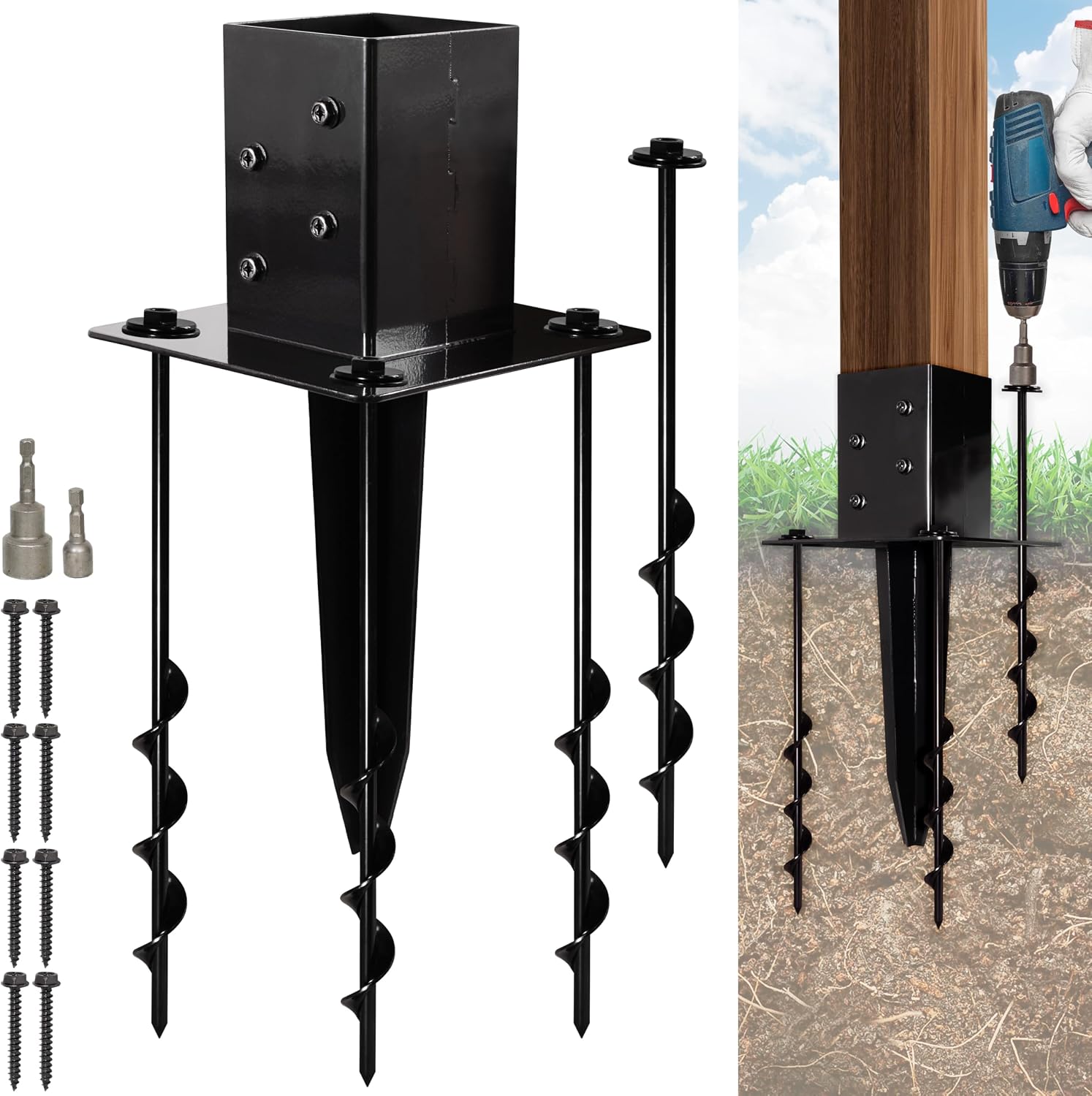 16″ No-Dig 4×4 Ground Spike Post Anchors – Powder-Coated Steel, Includes 4 Corner Screws – Heavy-Duty Ground Anchors