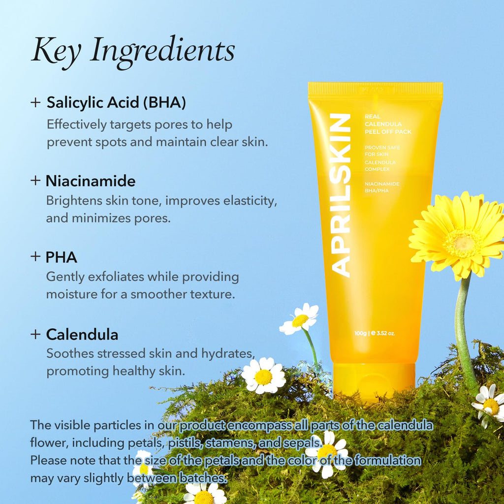 Calendula Flower-Infused Facial Peel Off Mask, 3.52 fl. oz, PHA, BHA & Niacinamide gently exfoliates, removes