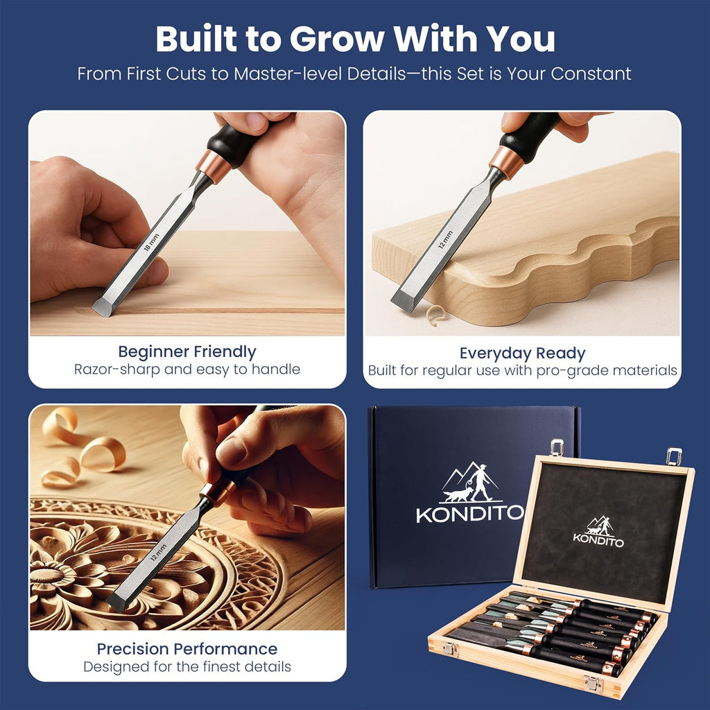 Professional Wood Chisel Set – Complete Chisel Kit with 6 CRV60 Steel Blades (6–38mm), 2 Sharpening Stones & Hardwood