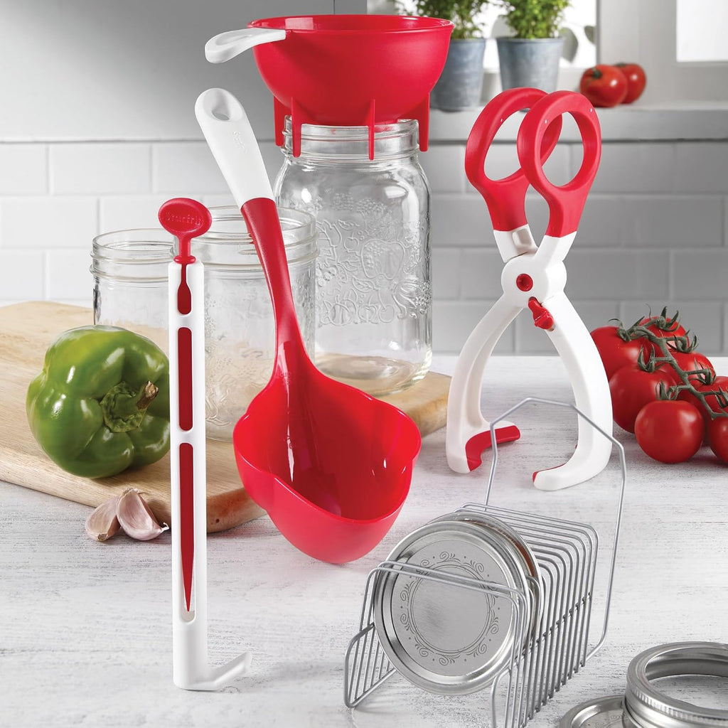 6-Piece Canning Set, Jar Lifter, Funnel & Lid Rack, White & Red