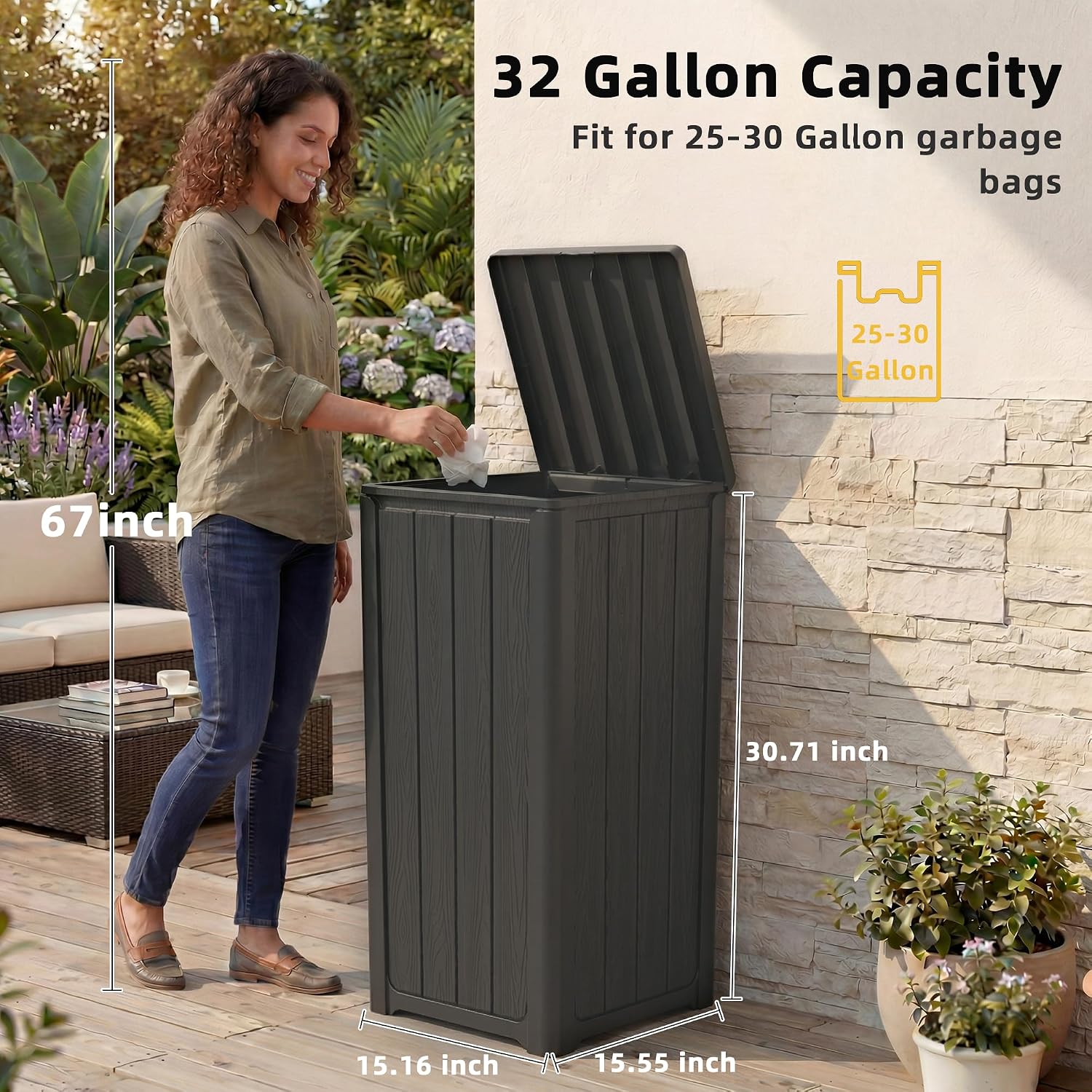 32 Gallon Outdoor Trash Can with Lid, Waterproof Garbage Can Bin | Resin Waster Container Bin For Patio, Garden