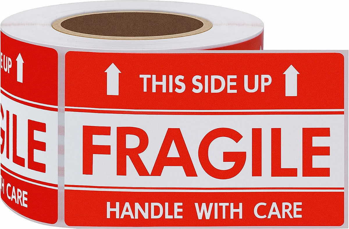 This Side Up Fragile Stickers 2x3 Inch Handle with Care Shiping and Packing Warning Adhesive Label 300 Per Roll (2x3