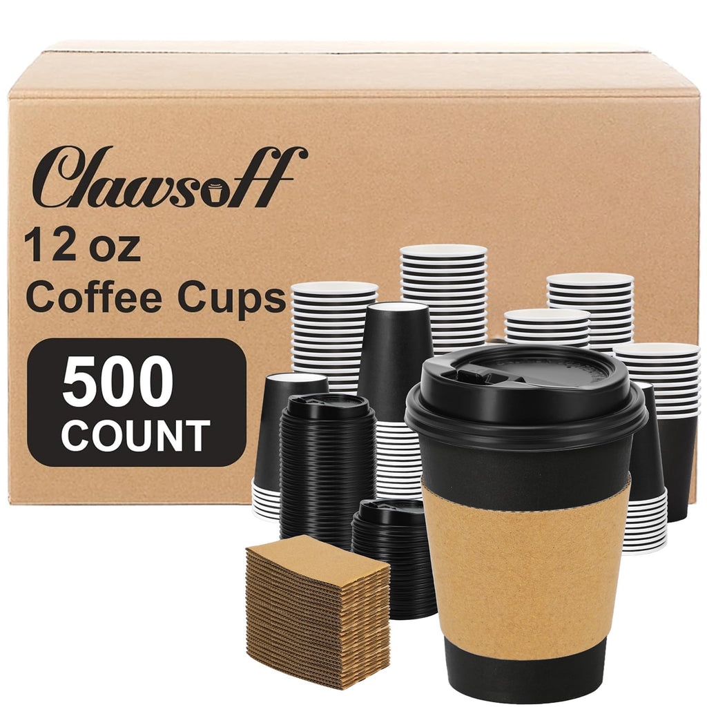 500 Pack 12 oz Disposable Coffee Cups with Lids and Sleeves(Black)