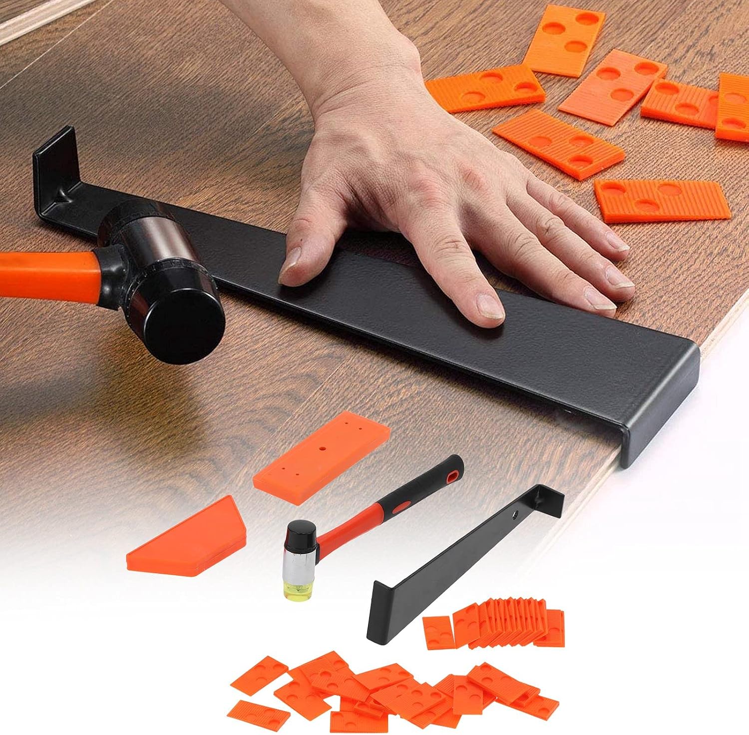 Laminate Wood Flooring Installation Kit, Tapping Block, Long and Wider Pull Bar, Double Faced Mallet and 40 Spacers