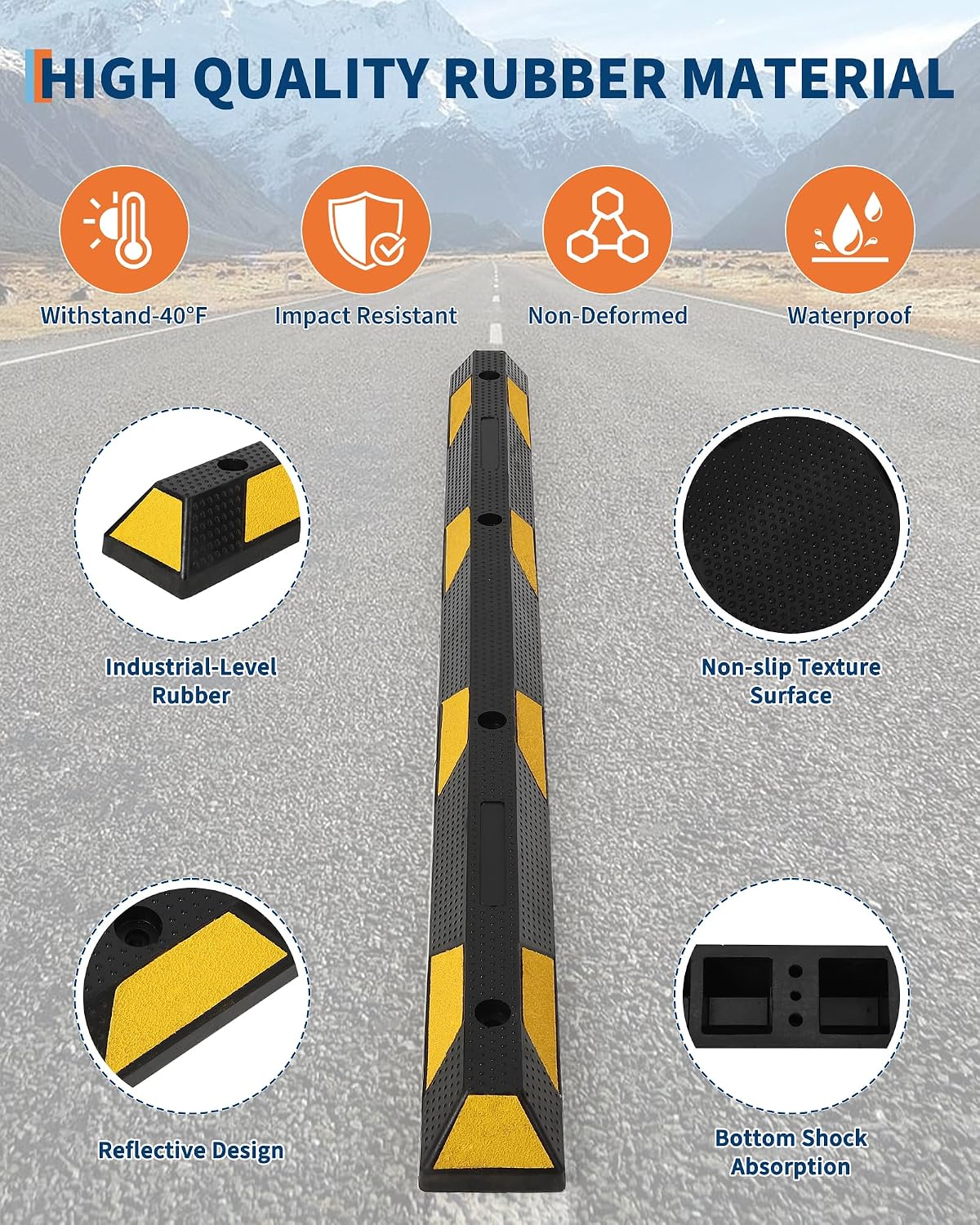 72 in Heavy Duty Rubber Parking Curb, 2 PCS Garage Car Wheel Stopper with Yellow & Black Reflective Strips, Durable