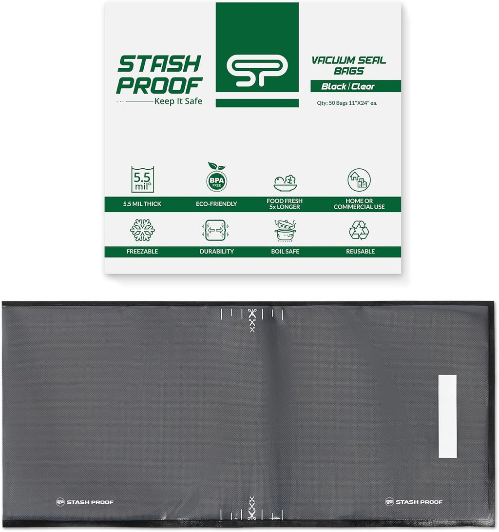 Vacuum Seal Bags 11" x 24" (50 Count) 5.5 Mil (Black & Clear) BPA Free Precut Heavy-Duty Commercial Grade Sealer