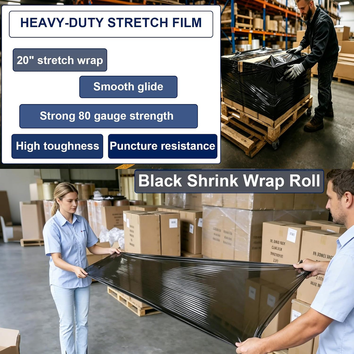 Black Stretch Wrap 20" x 820ft 80 Gauge Industrial Strength with Handle