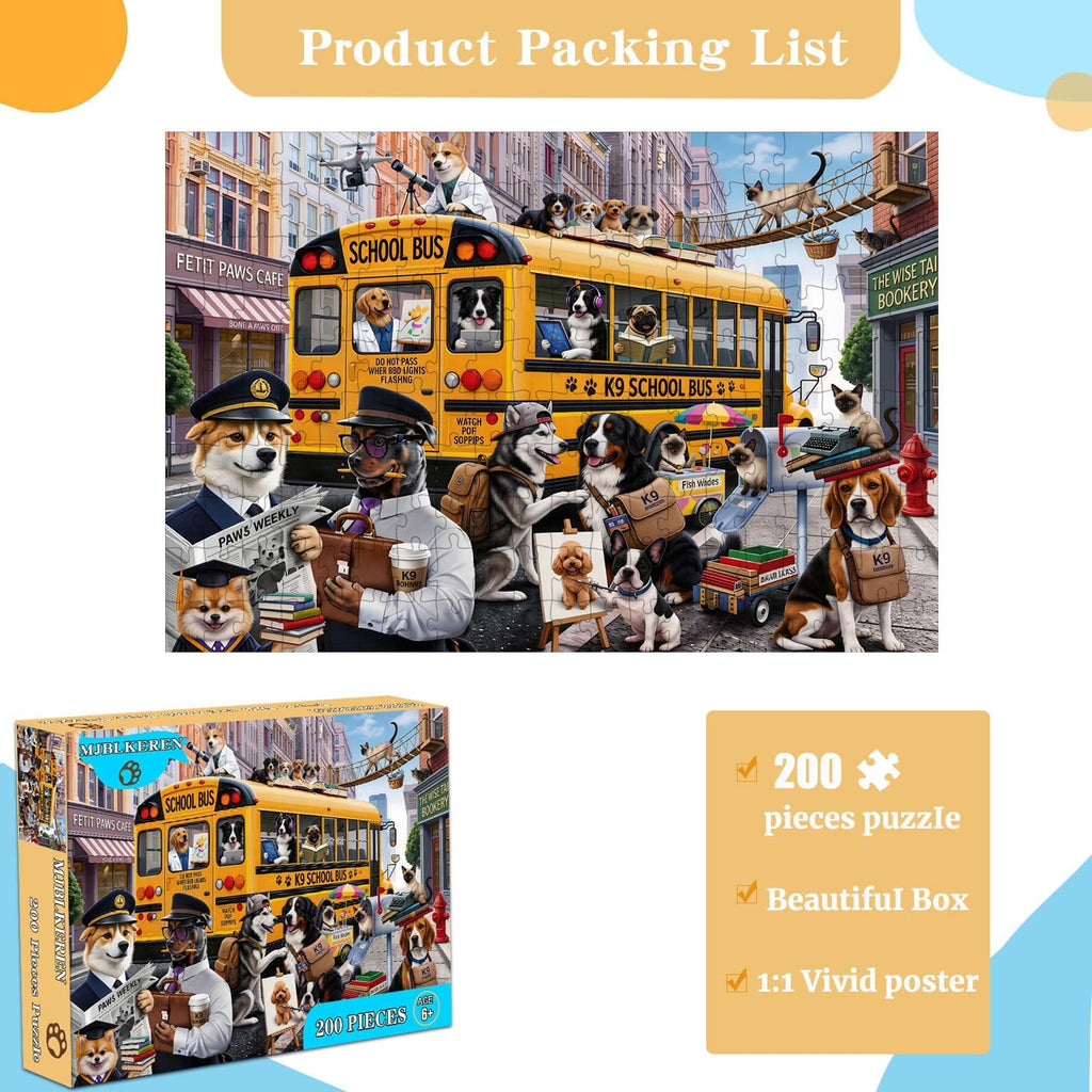 Puzzles for Kids Ages 6-8 8-10 Year Old - Colorful Bus Dog Puzzle, 200 Pieces Jigsaw Puzzles for Kids, Learning