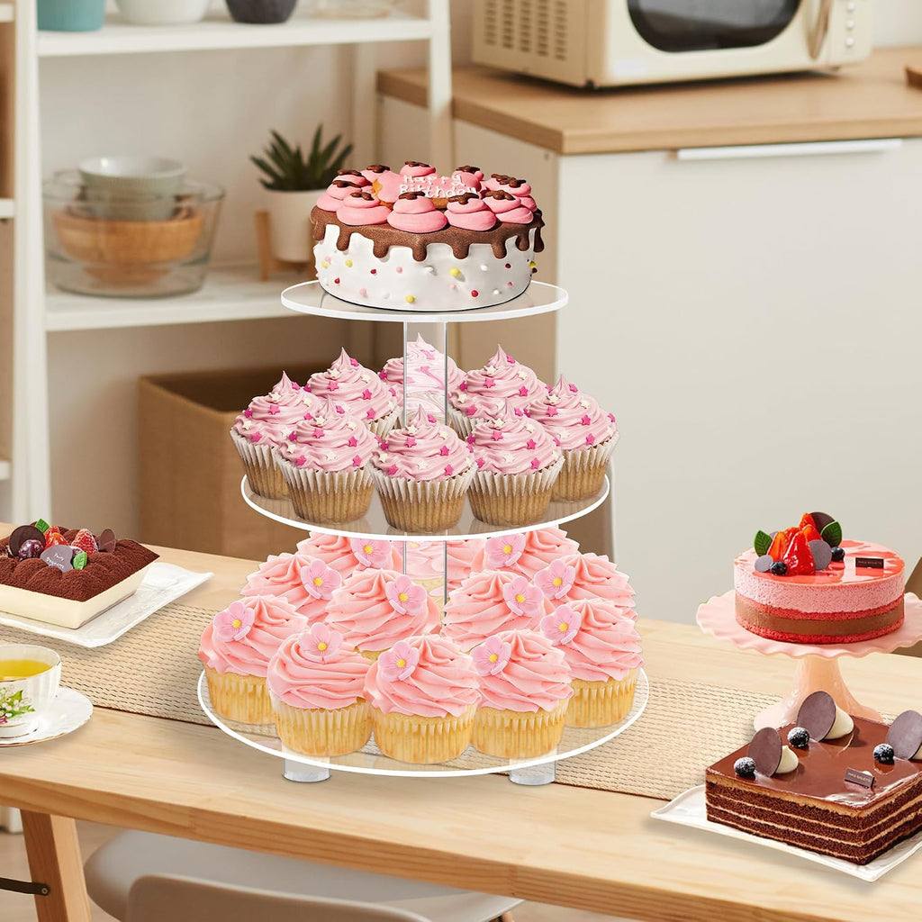 3 Tier Round Cupcake Stand with Base, Acrylic Cake Stand, Cupcake Tower Stand, Premium Cupcake Holder for 23