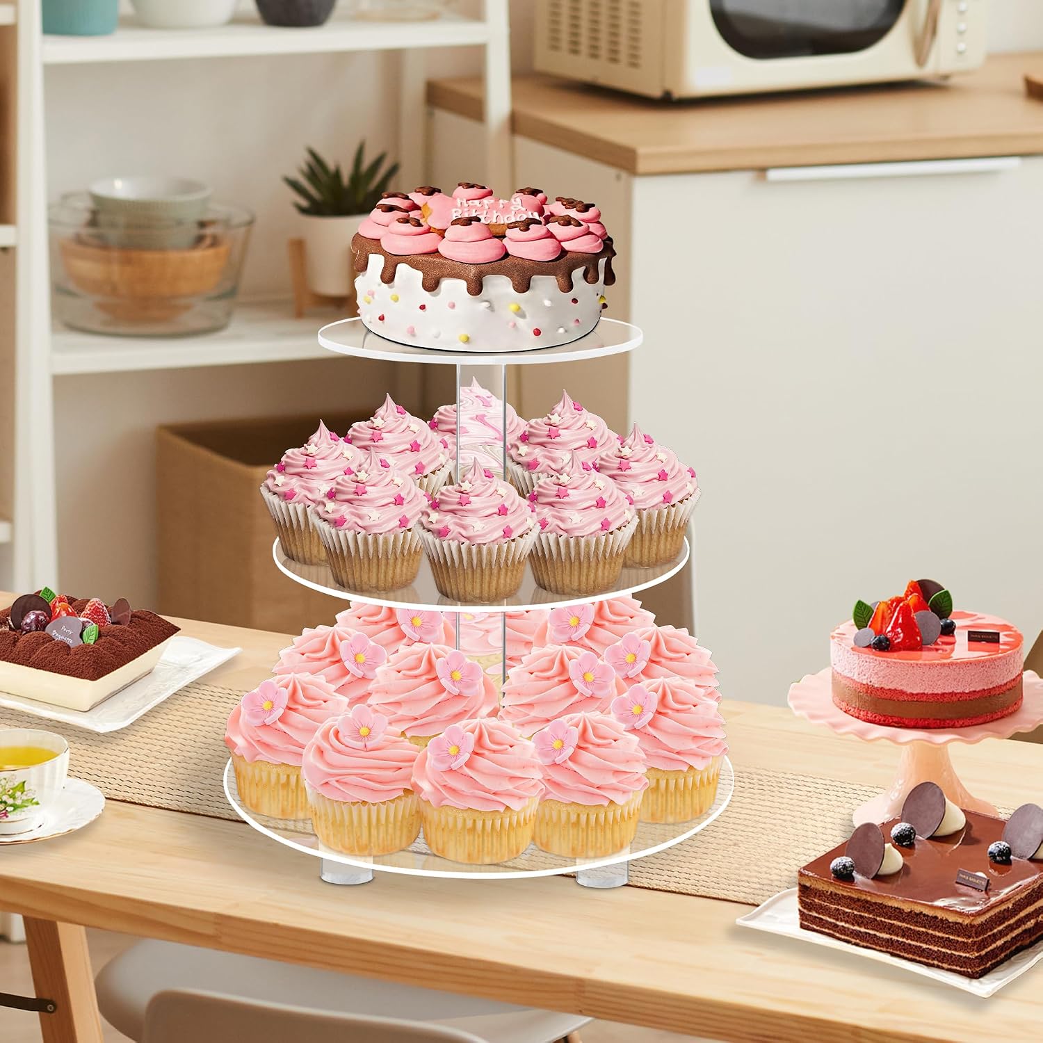 3 Tier Round Cupcake Stand with Base, Acrylic Cake Stand, Cupcake Tower Stand, Premium Cupcake Holder for 23