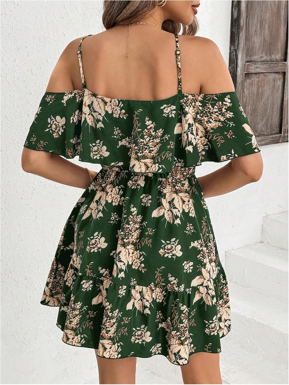Women's Summer Floral Mini Dress Cold Shoulder Ruffle Dresses