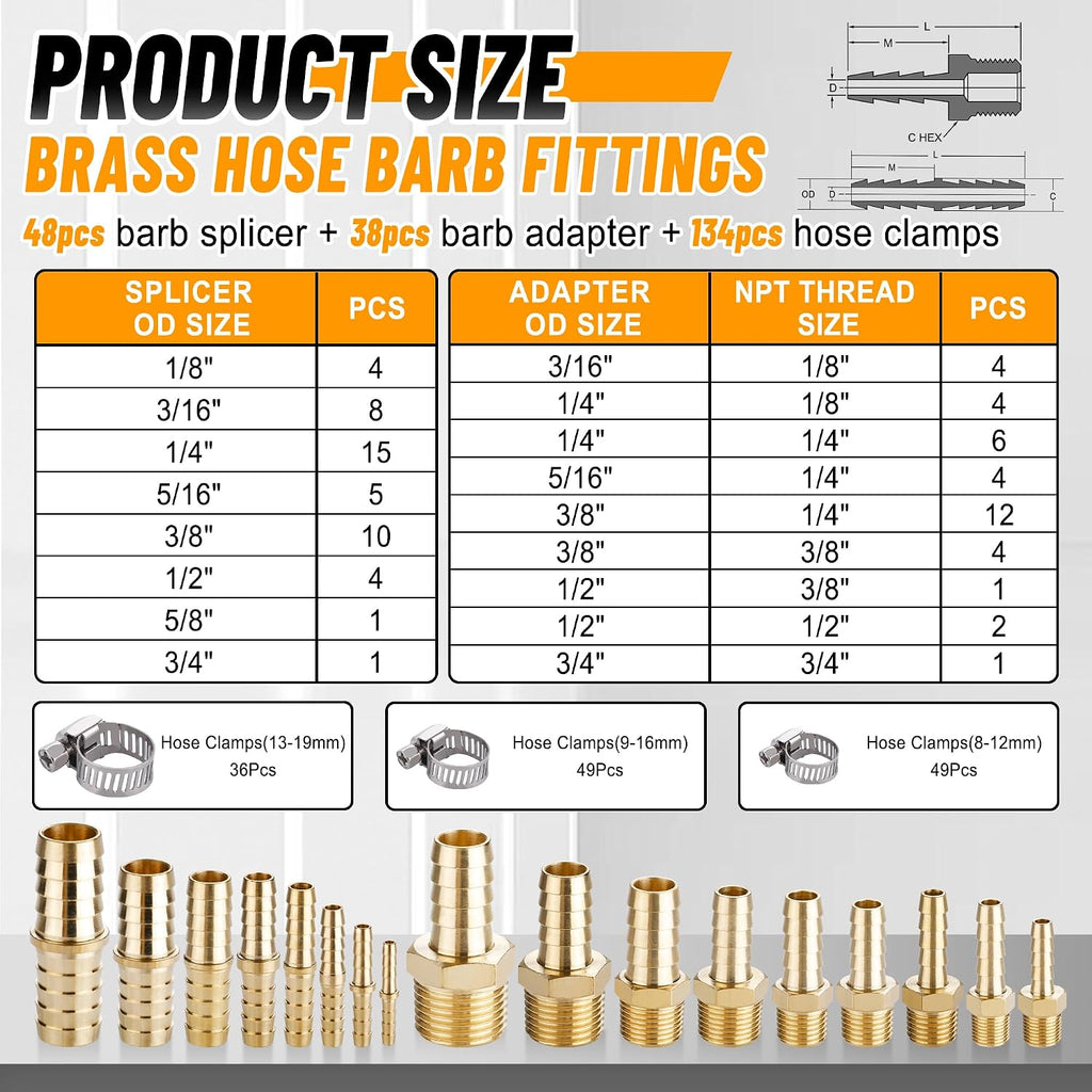 86PCS Brass Hose Barb Fittings with Clamp,Splicer Mender & Adapter