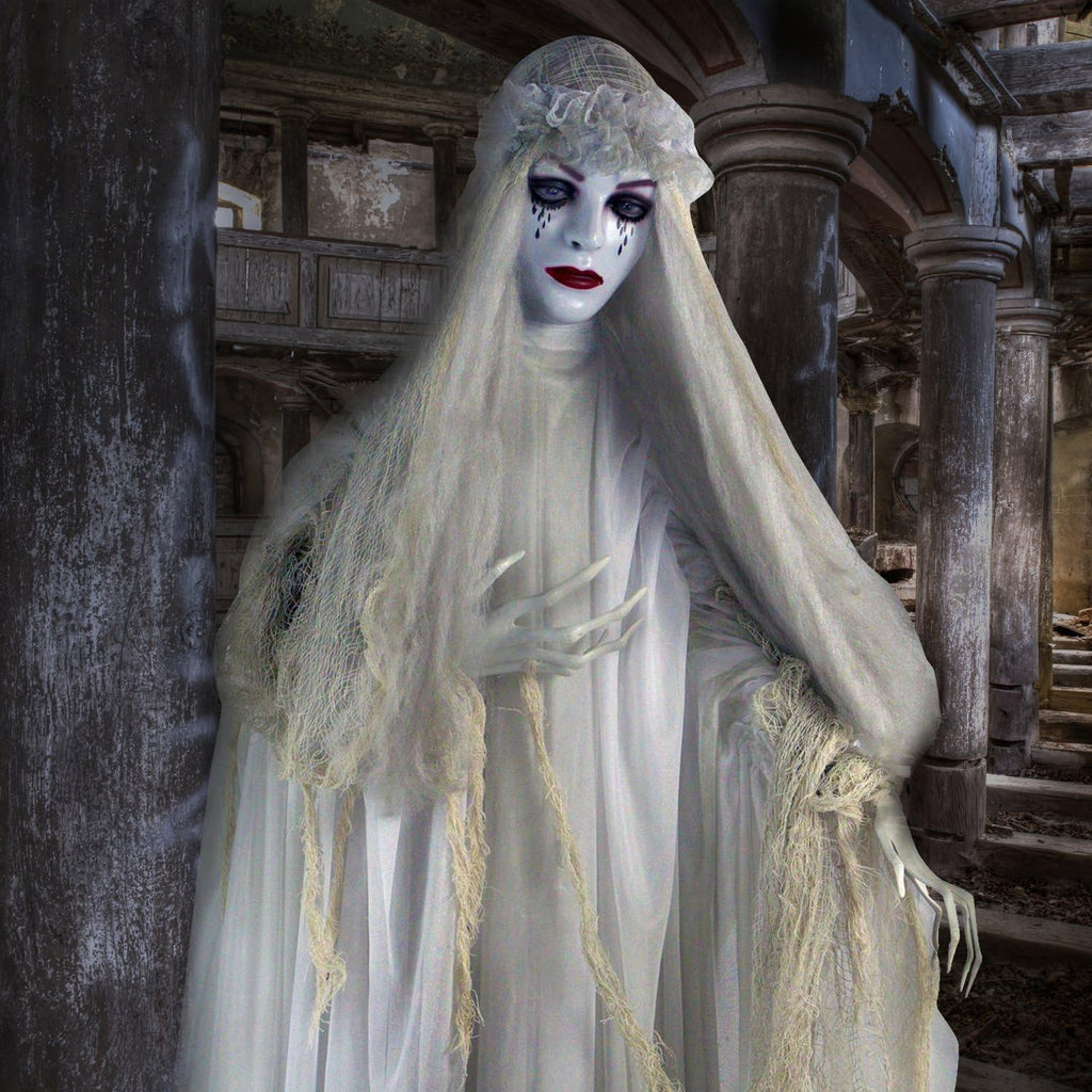Life-Size 5.7-Ft Scary Ghost Bride, Halloween Animatronic with Touch Activated Lights and Sound, Battery Operated