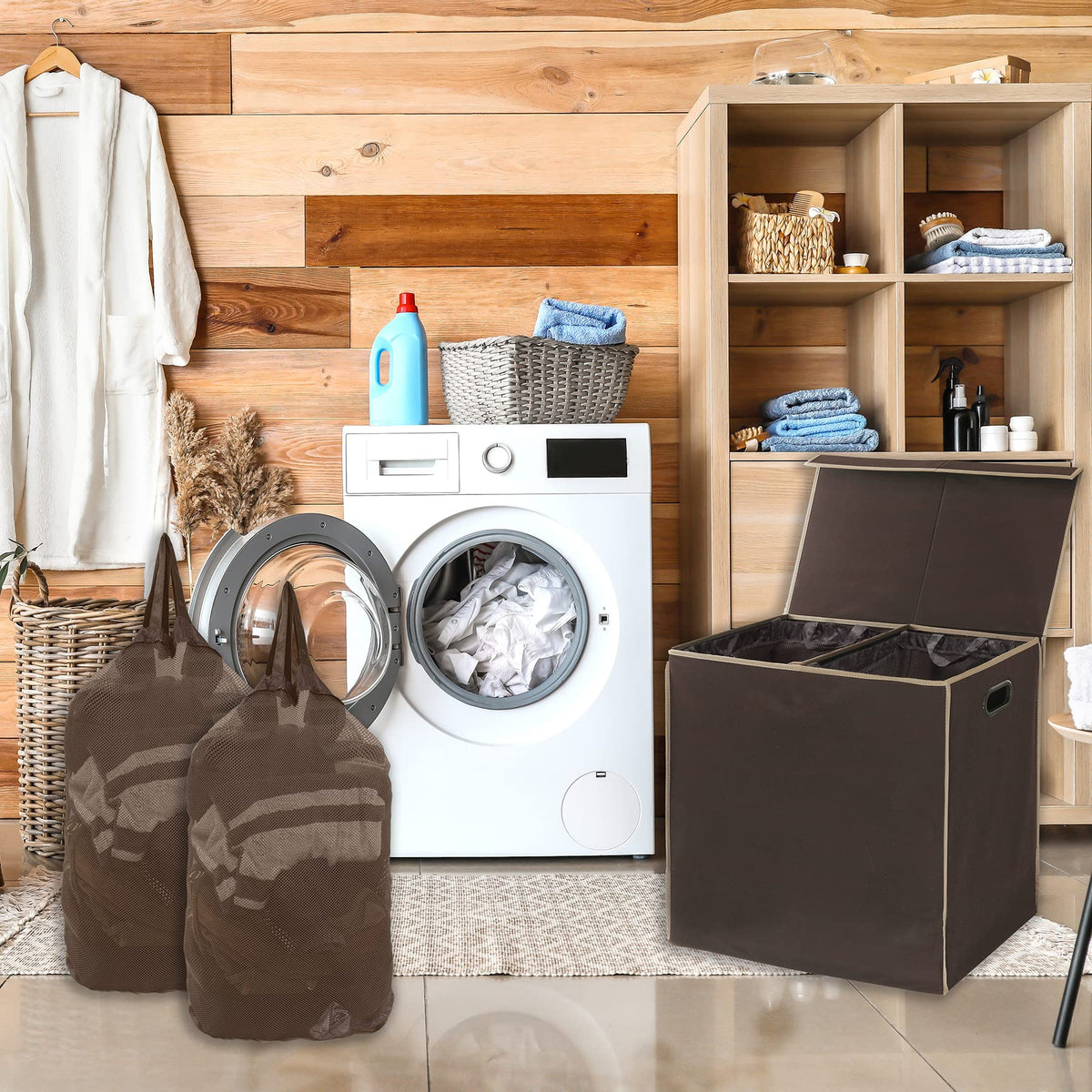 Double Laundry Hamper with Lid & Removable Bags, Brown