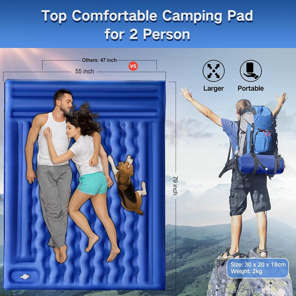 Double Sleeping Pad Camping, Self Inflating 6'' Extra-Thick 2 Person Pillow Built-in Foot Pump Waterproof Inflatable