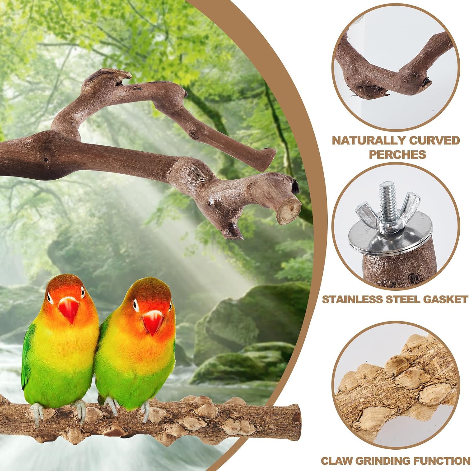 6-Piece Bird Perch Set - Natural Wood Grape Sticks, Paw Grinding Forks, Bird Stand & Toys for Parakeets, Cockatiels