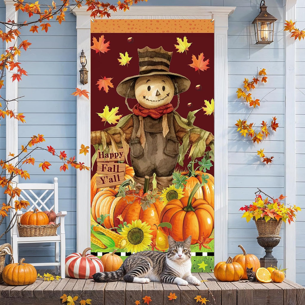 Happy Fall Y’all Door Cover for Front Door Fall Door Banner Autumn Thanksgiving Scarecrow Door Decorations Autumn