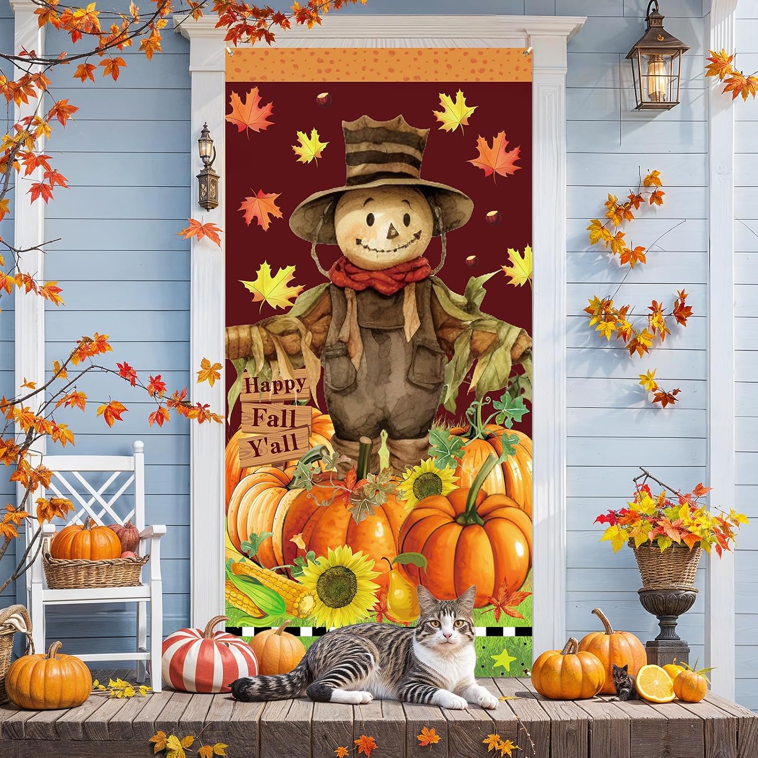 Happy Fall Y’all Door Cover for Front Door Fall Door Banner Autumn Thanksgiving Scarecrow Door Decorations Autumn