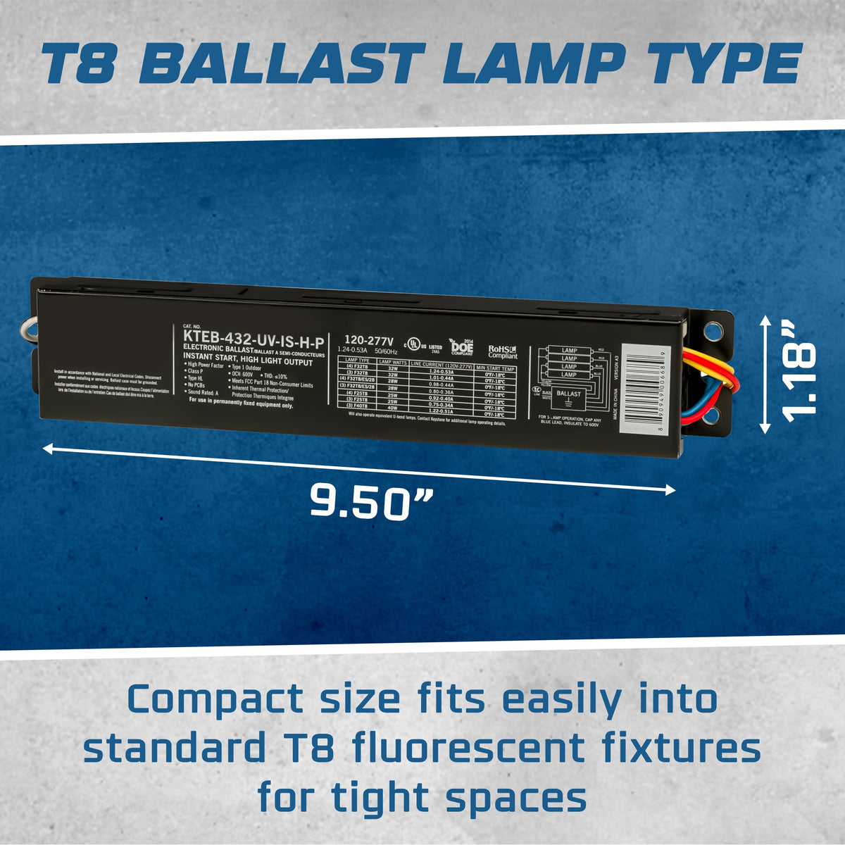 Replacement for Keystone KTEB-432-UV-IS-H-P 4 Lamp T8 Electronic Fluorescent Ballast with High Light Output |