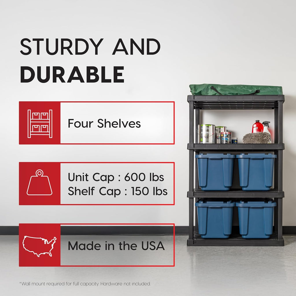 4-Shelf Heavy Duty Plastic Storage Shelves, 600lb Capacity, 56" H x 36" W x 18" D, Large Modular Shelving Unit
