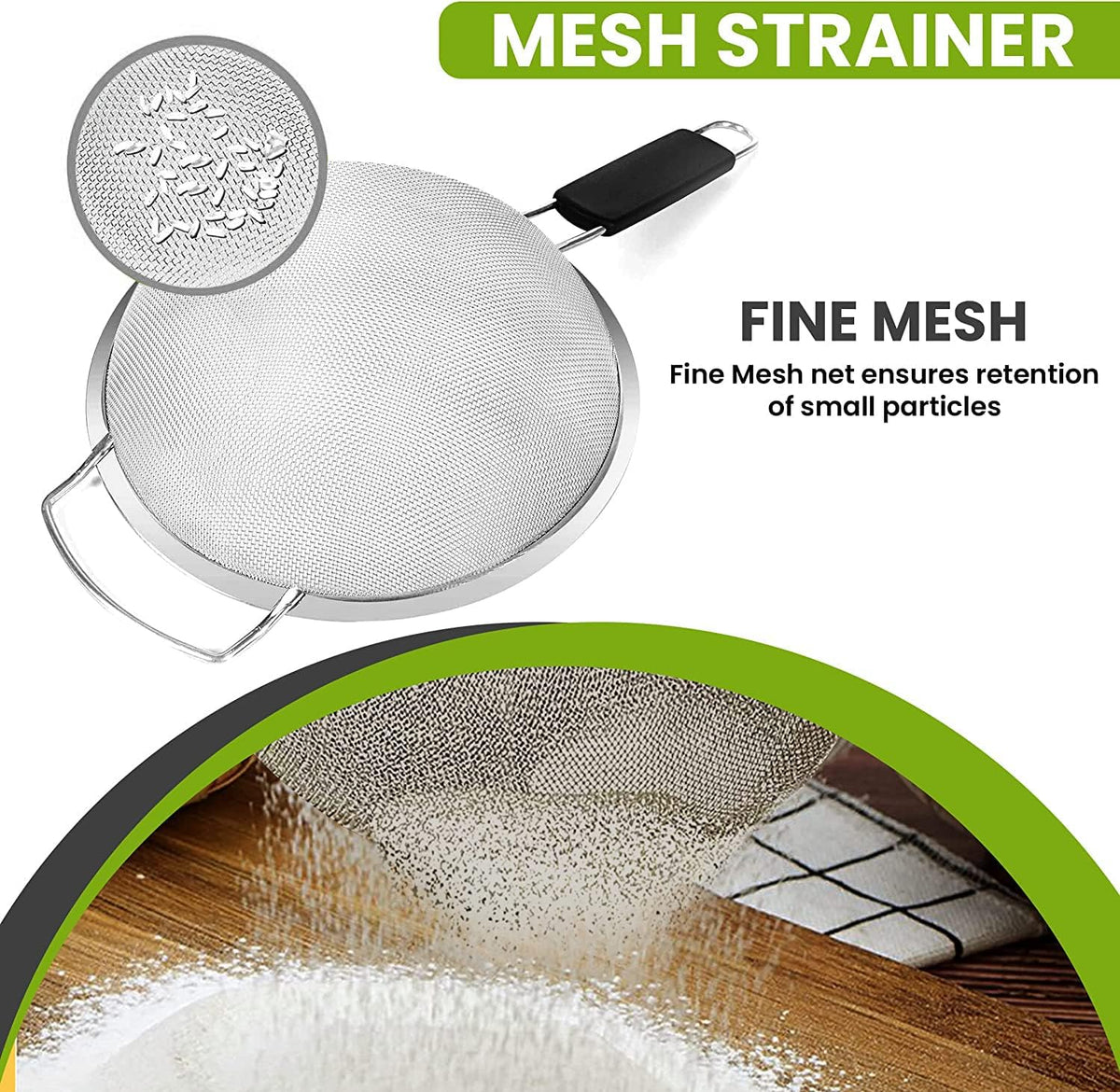 9" Large Fine Mesh Strainer with Thermo Plastic Rubber Handle - Sieve Fine Mesh Stainless Steel - Ideal Kitchen Essential to Strain Pasta, Quinoa and Rice