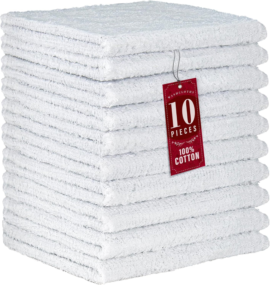 100% Cotton Washcloths 12x12 in, Absorbent, White (10 Pack)