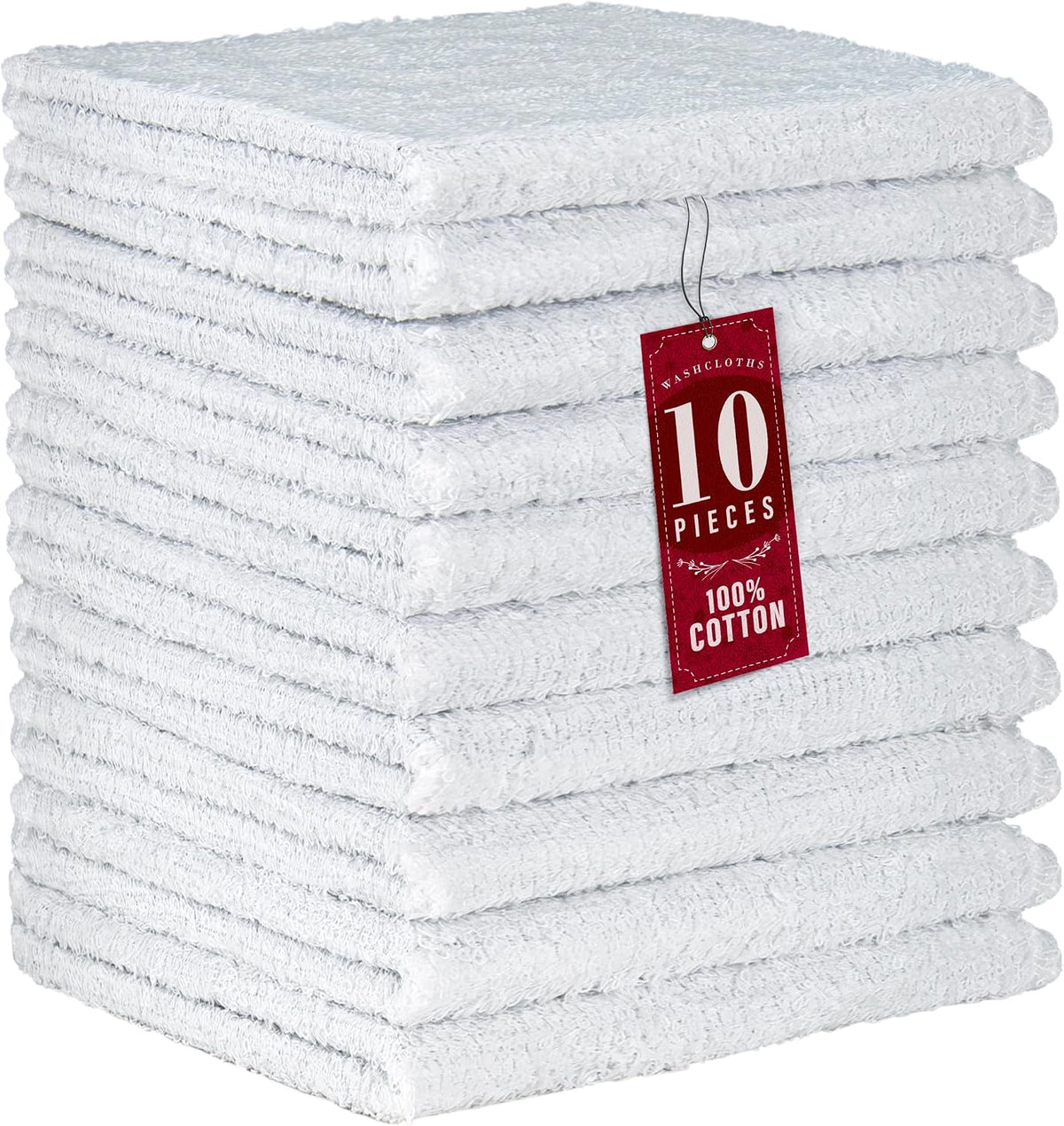 100% Cotton Washcloths 12x12 in, Absorbent, White (10 Pack)