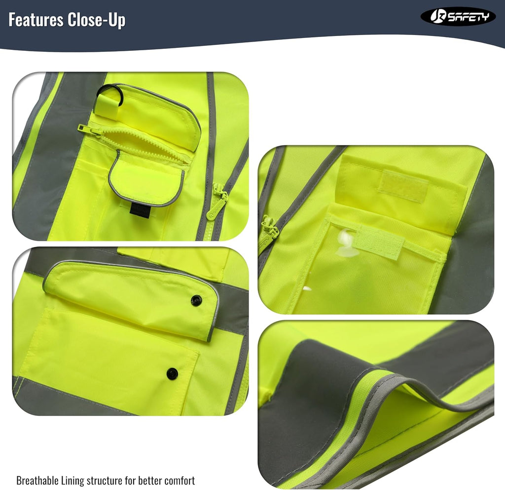 Safety Vest for Men Women Reflective Hi Vis JK150 Yellow XXL | ANSI Class 2, 9 Pockets, 4 Reflective Strips High