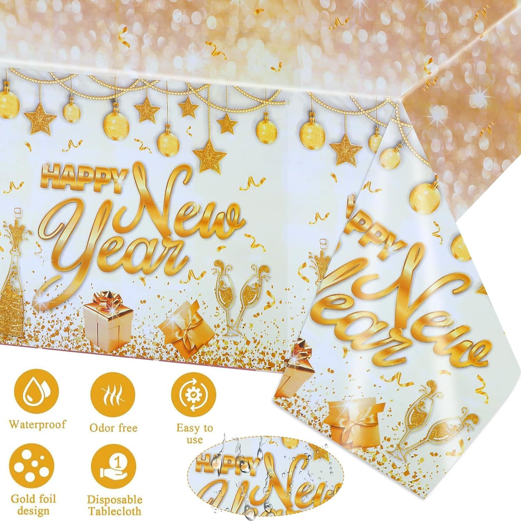 121 Pcs New Years Eve Party Supplies Dinnerware Set, Happy New Years White Gold Tablecloth Banner Plates Cups Napkins