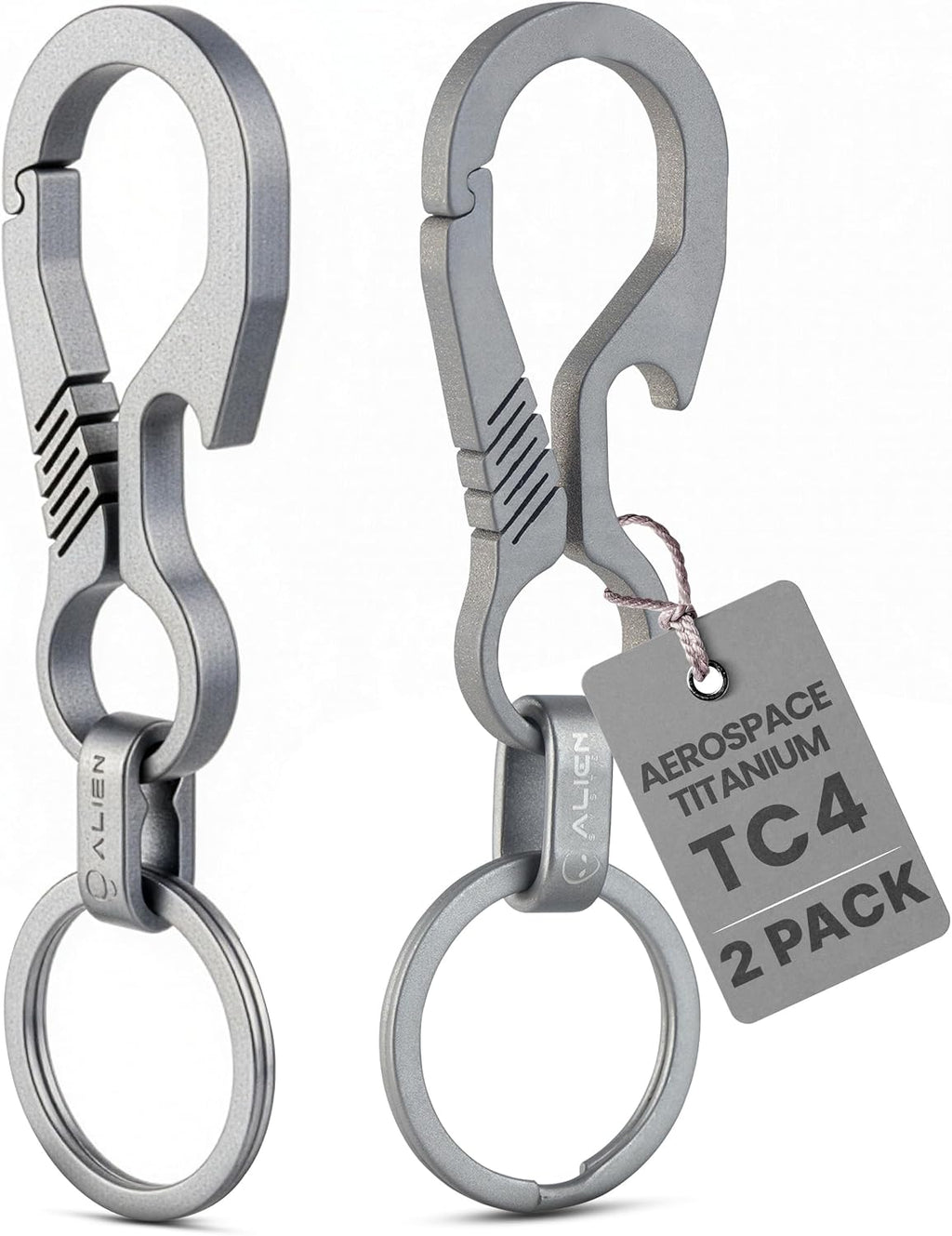 Titanium Carabiner Keychain Hook with Titanium Key Rings - 2 Pack EDC | Strong no-snag single body structure with