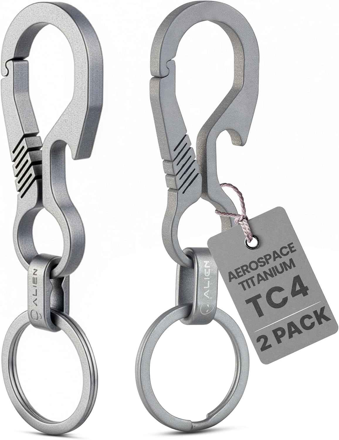 Titanium Carabiner Keychain Hook with Titanium Key Rings - 2 Pack EDC | Strong no-snag single body structure with