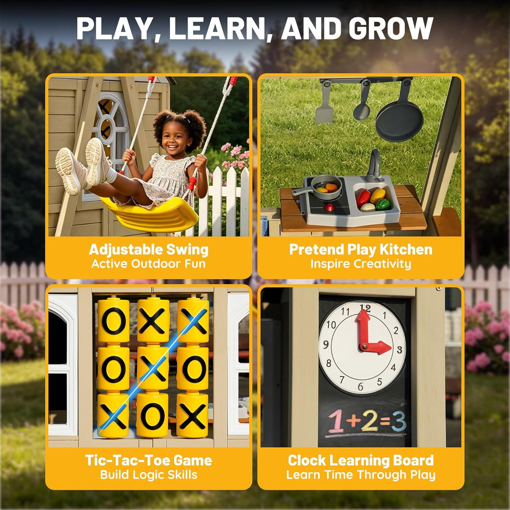 Wooden Playhouse with Swing Set for Kids, Ivory White Cedar Wood Outdoor Playset with Pet Door & Game Board