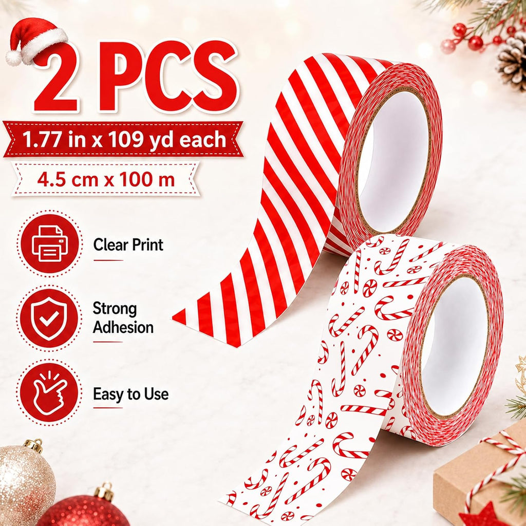 218 Yard Christmas Packing Tape, Candy Cane, 2 Roll