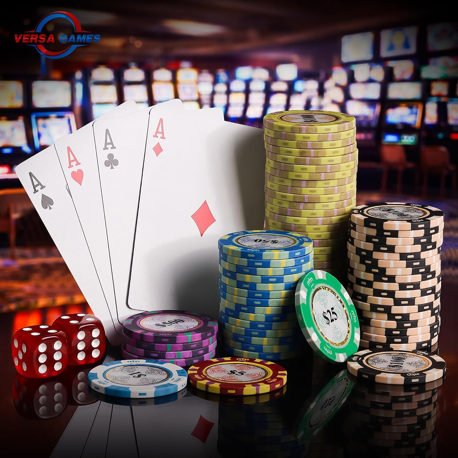 Poker Chip Set - Casino Grade 13.5g Poker Chips, 7 Color Chip Denomination - 2 Decks of Cards, Dice, Dealer Button