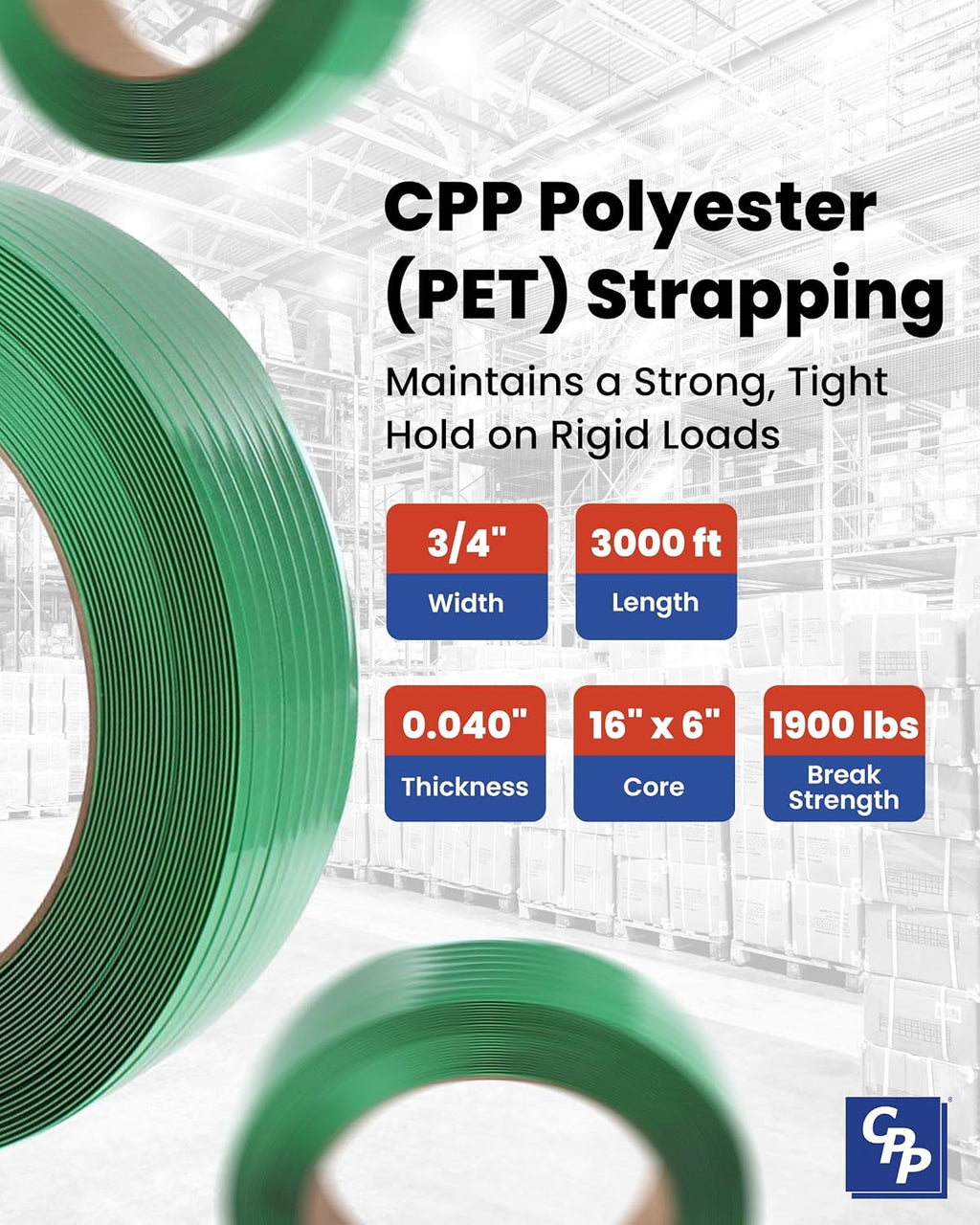 CPP 3/4" x .040" x 3000' Smooth & Waxed Polyester Strapping for Pallet Banding, Heavy Duty Box Straps, Brick and