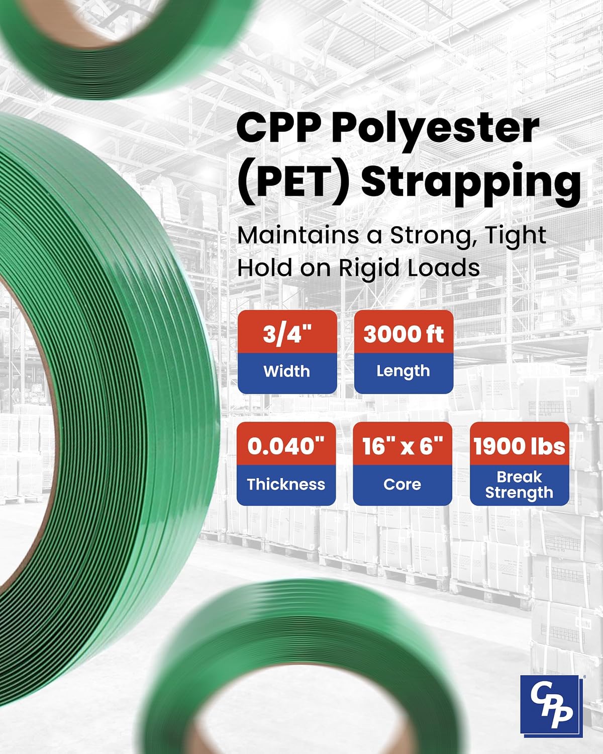 CPP 3/4" x .040" x 3000' Smooth & Waxed Polyester Strapping for Pallet Banding, Heavy Duty Box Straps, Brick and
