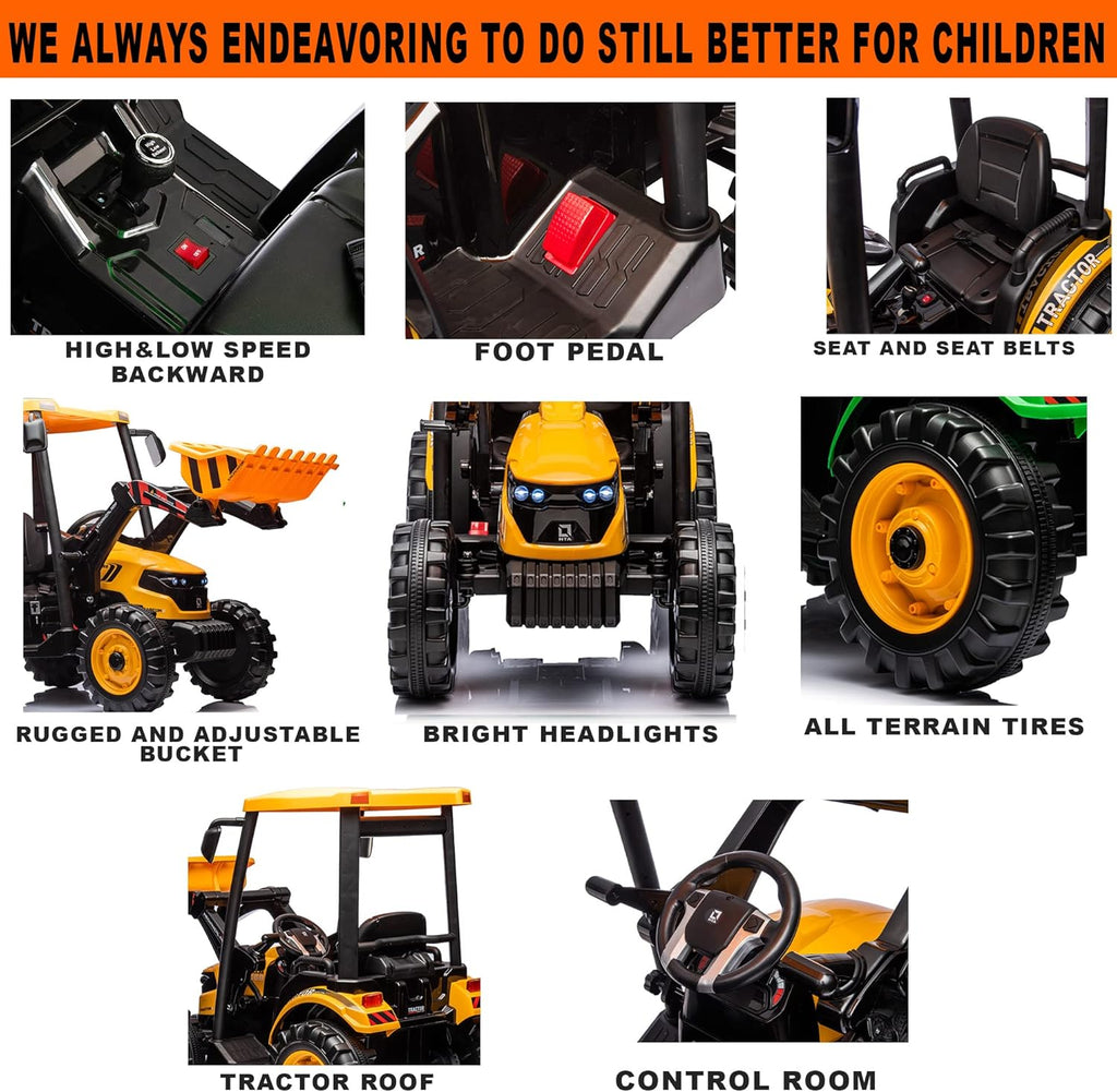 24V Ride on Tractor with Front Loader, Ride On Excavator with 24volt Dual Motors 4-Gearbox Metal Frame Kids Electric