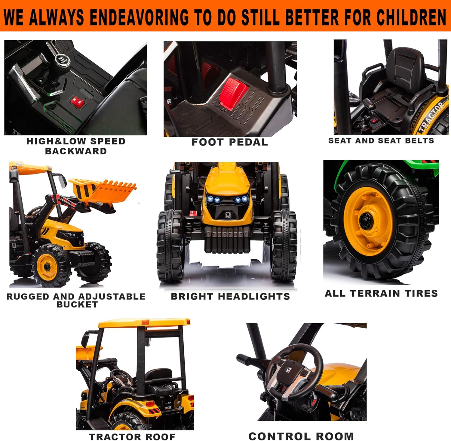 24V Ride on Tractor with Front Loader, Ride On Excavator with 24volt Dual Motors 4-Gearbox Metal Frame Kids Electric