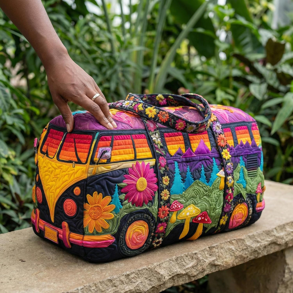Hippie Journey Quilted Duffel Bag Vintage Floral Hippie Van Travel Duffle Bag Boho Travel Weekender Bags Overnight