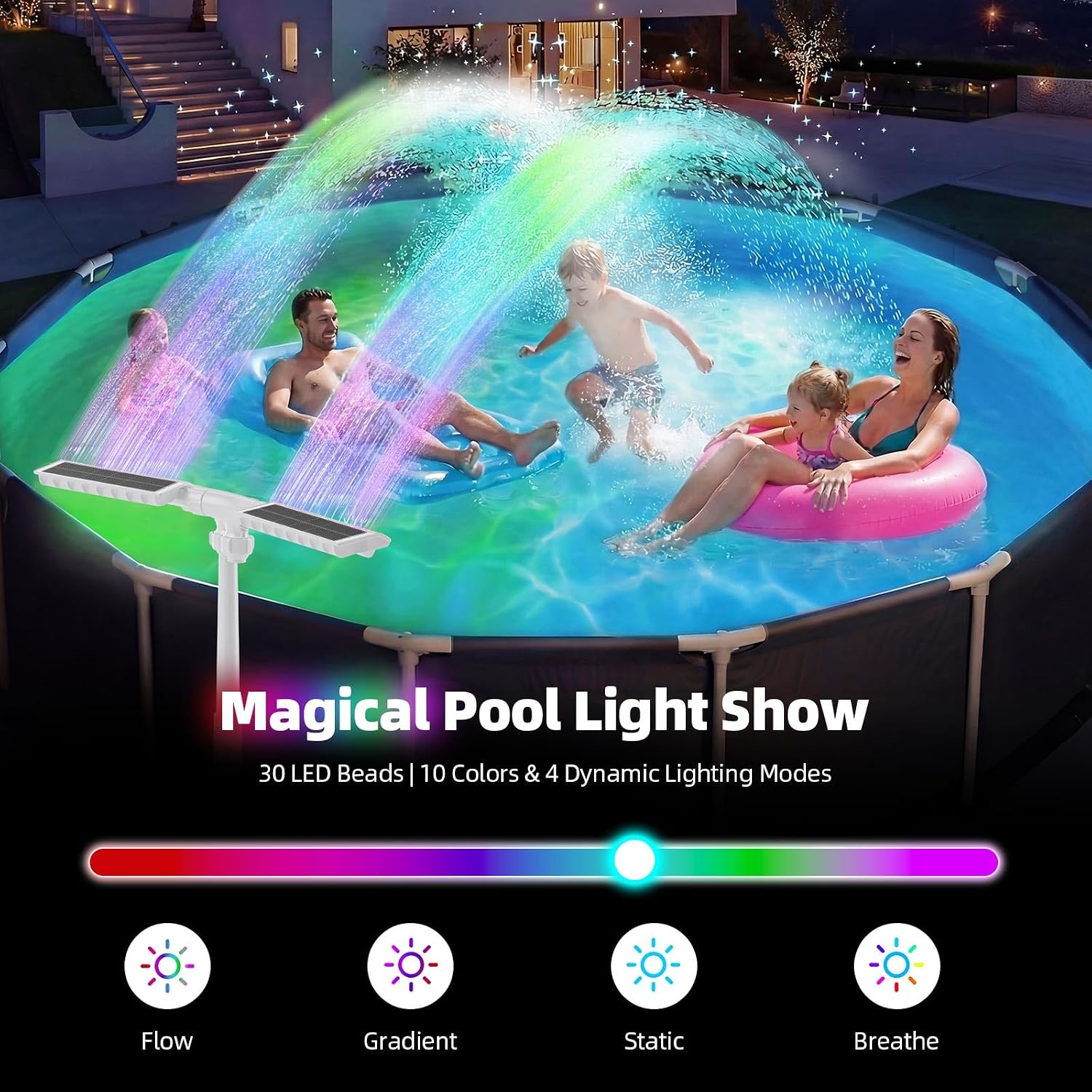 Solar Pool Fountain, 22'' Height Dual-Head Adjustable Spray, Auto Dusk Sensor & 6 Timer Option, Extended 8000mah