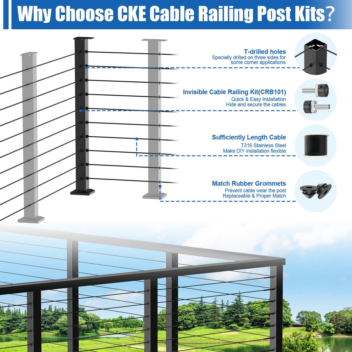 36" Cable Railing Corner Post(Post 35"x2"x2"), L-Drilled Corner Post with Flat Top Mount, Stainless Steel Black