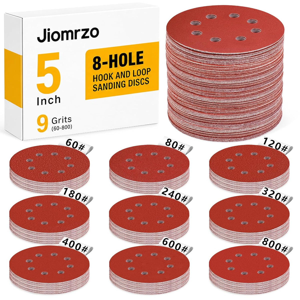 5 Inch Hook and Loop Sanding Discs, 50 Pack 8 Hole, 9 Mixed Grits