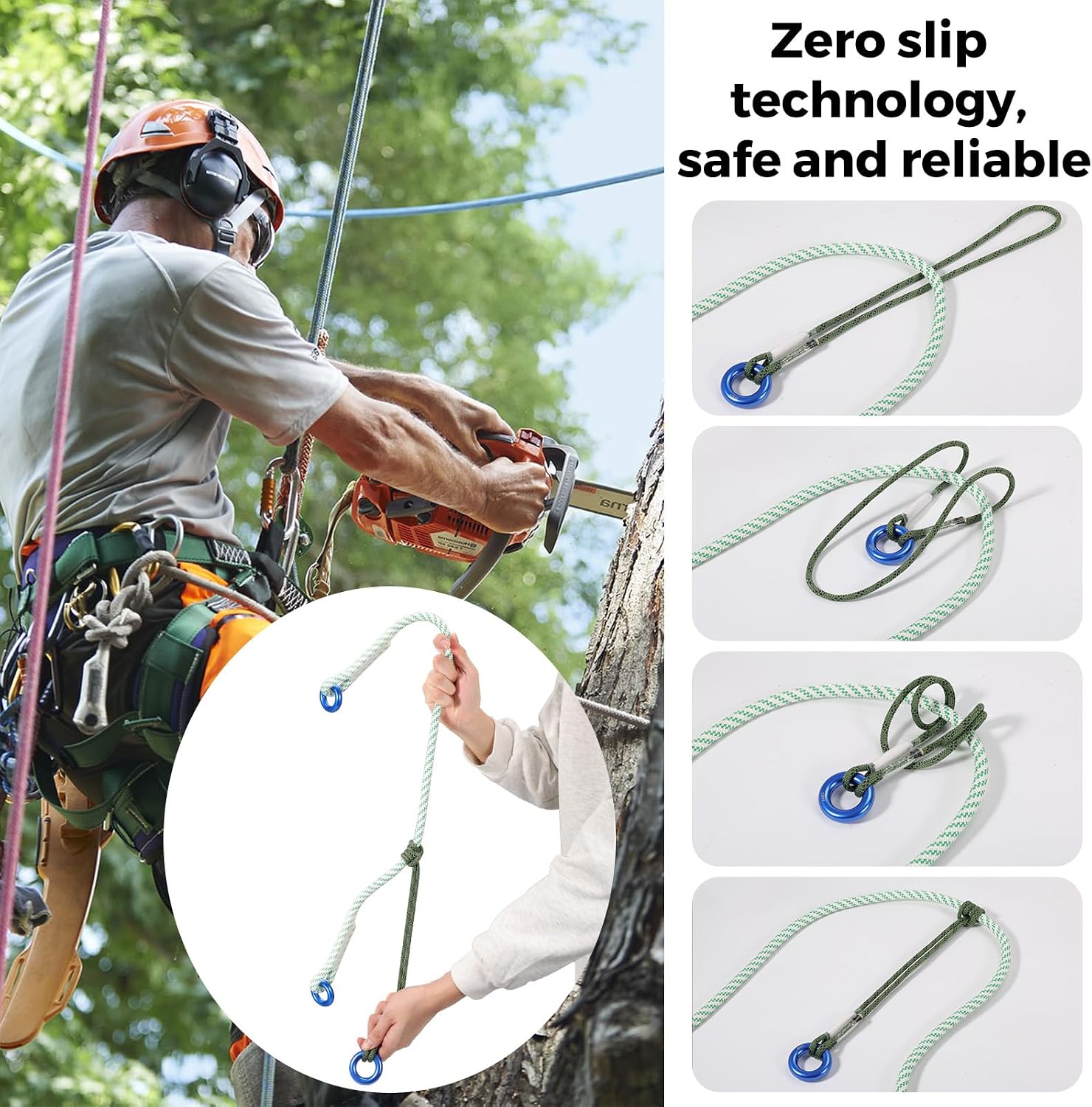 1/4" Pre-Sewn Prusik Loop Cord with Metal Rings for Tree Climbing | 12kN Zero-Slip Friction Hitch Rope, 19in Aramid