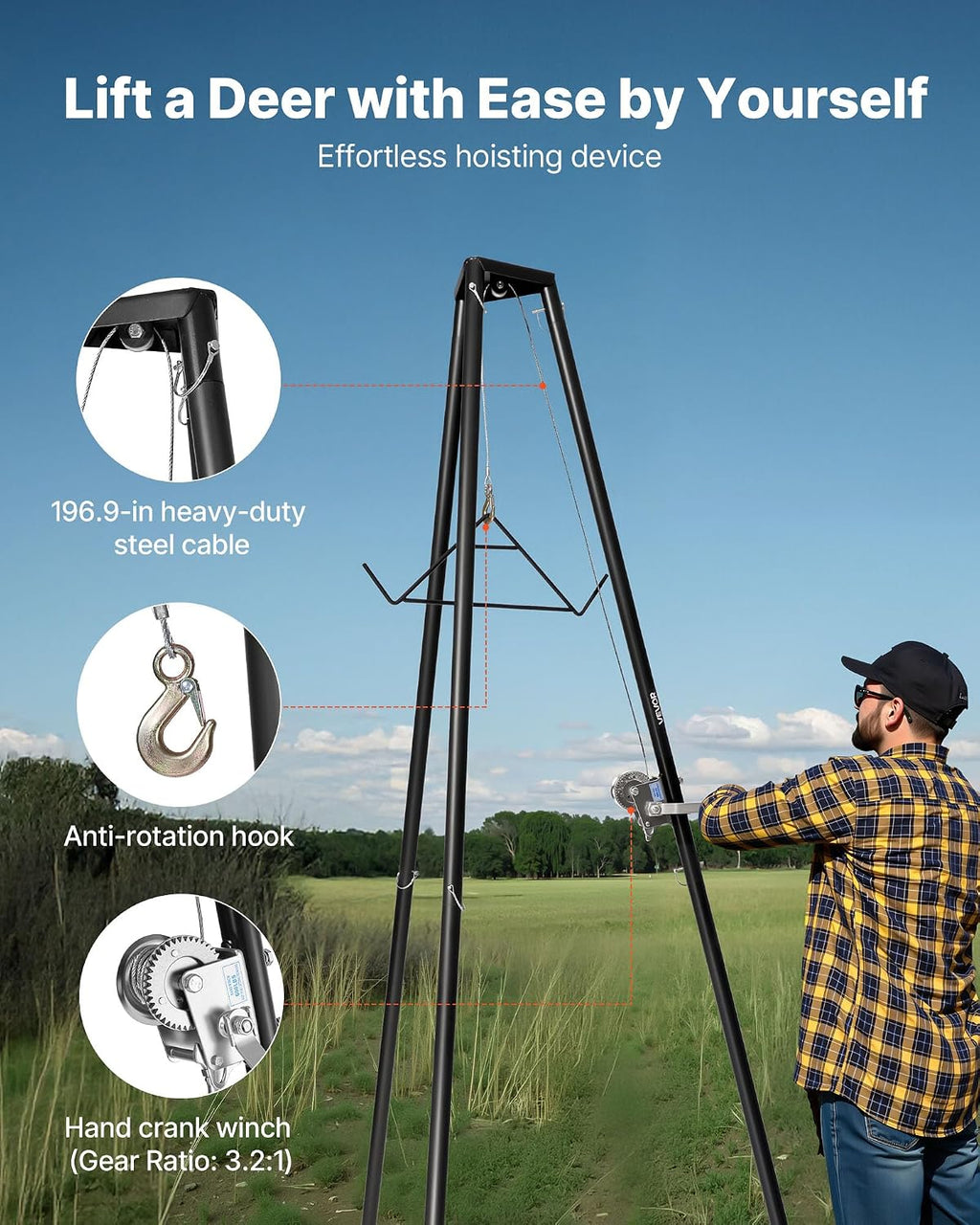 Tripod Deer Hoist, 500 lbs Load Capacity, Hunting Game Hoist Winch Lift with Gambrel & Manual Winch, Hunting Game